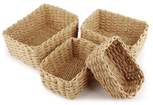 Lot de 4 Paniers de Rangement Tressés, Corbeille Rangement pour Salle de Bain, Empilable, Décoration Organisateur pour Bain, Cuisine ou Cosmétique