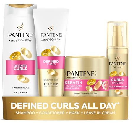Pantene Pro-V Defined Curls Bundle: Shampoo 500ml, Conditioner 350ml, Keratin Protect Hair Mask 300ml and Curl Shaper Leave-In Cream 145ml for Frizzy, Unruly Curls