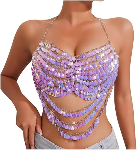 RLEHJN Pailletten Oberteil Damen Glitzer Top,Neckholder Top Damen Sexy Metallic Ketten Top Pailletten Strass Rückenfreies Crop Outfit BH Bauchtanz Festival Oberteil für Fasching Karneval Party