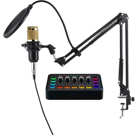 Natudeco Paquete de equipos de podcast Tarjeta de sonido en vivo Mezclador de audio Micrófono de estudio Cambiador de voz Eliminación de ruido para podcasting Transmisión en vivo