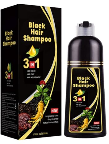 Black Hair Dye Shampoo 3 En 1, Champú Tinte Negro Black Instant, Cubre Canas, Shampoo Tinte Negro Para Cabello, Para Mujer Y Hombres, 500ml (Negro)