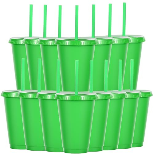Yisituo Lot de 15 gobelets pour enfants, avec couvercles et paille, en plastique, 486 ml, pour les fêtes, le camping, les voyages (15, vert)