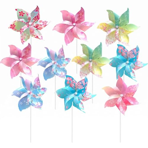 Mtbricey 10Pcs Recyclable Plastic Windmills with Sakura Pattern Outdoor Wind Spinner Set for Garden Lawns Outdoor Parties Balconies Living Areas Simple Diy Decor and Bird Repellent (Random Colors)