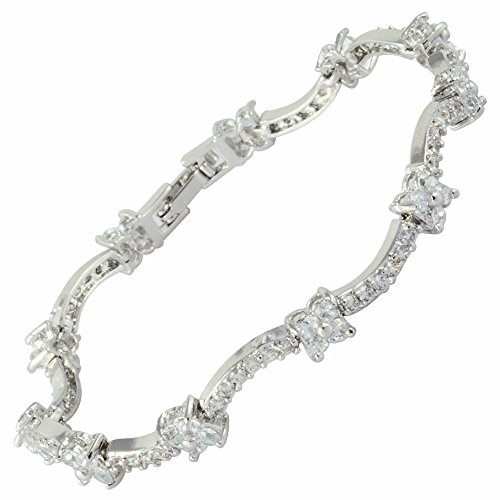 RIZILIA Blume Tennis Armband [18cm/7inch] mit Rundschliff Edelstein Zirkonia CZ [Weiß Topas] in 18K Weißgold Vergoldet, Einfache Moderne Eleganz