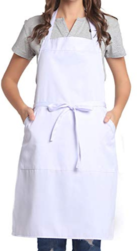 BIGHAS Verstellbare Schürze mit Tasche, Extra Lange Bänder für Damen und Herren, 18 Farben, für Koch, Küche, Zuhause, Restaurant, Cafe, Kochen, Backen, Gartenarbeit (Weiß)