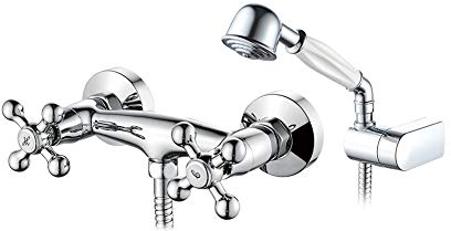 Ibergrif, M12052 Lucca, Set de, Grifo, Mezclador de Ducha Retro con Alcachofa, Soporte, Manguera, Cromo, Plata