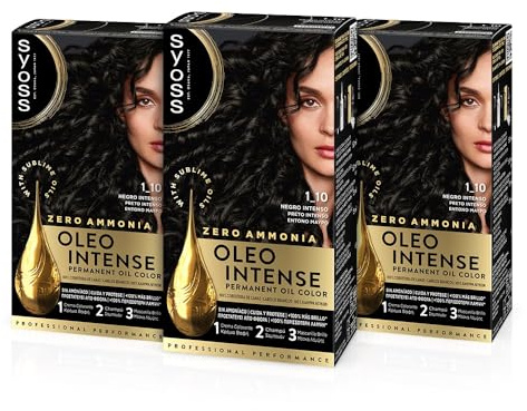 Syoss Oleo Intense - Tinte 1-10 Negro Intenso – Coloración permanente Sin Amoníaco – Cobertura profesional de canas – Resultados de peluquería (Pack De 3)
