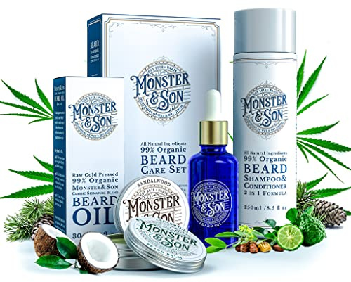 Monster&Son Organic Beard Care Growth Kit - Wash, Hydrate and Thicken your Facial Hair - All Natural, Hypoallergenic Products, Gentle on Sensitive Skin - Ideal Grooming Gift for Bearded Men