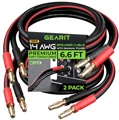 GEARit Lot de 2 câbles hi-fi 14 AWG banane – 2 x 2 m – 99,9% OFC, pointes or – Noir