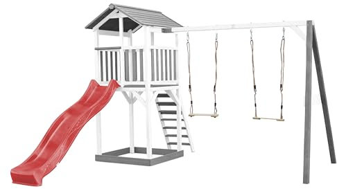 AXI Beach Tower Spielturm aus Holz in Weiß & Grau | Spielhaus für Kinder mit roter Rutsche, Doppelschaukel und Sandkasten | Stelzenhaus für den Garten