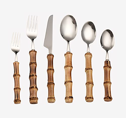 Set di 6 coltelli da dessert, forchetta e cucchiaio, in acciaio inox, manico in bambù (argento)