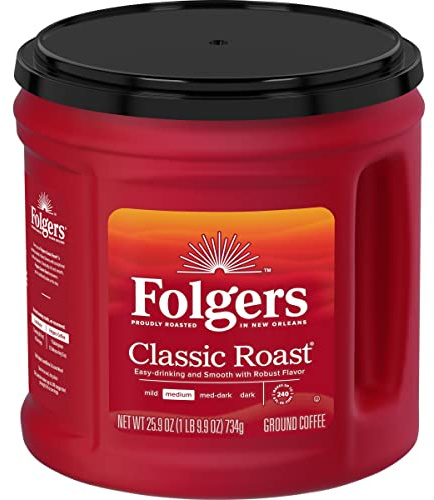 Folgers Classic Roast Café Molido de Tueste Medio - Ground Coffee Made in USA - Sabor Intenso, Robusto y Suave con Aroma a Tradición - Ideal para Cualquier Momento del Día - Lata de 734 g / 25.9 oz