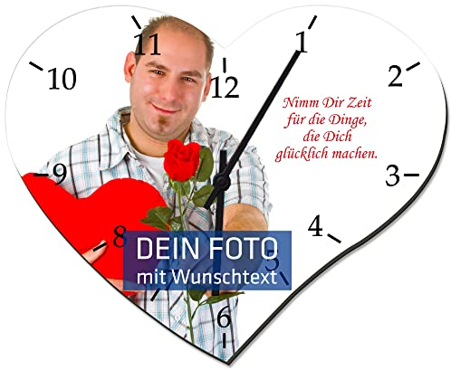 INDIGOS UG - Wanduhr Herz mit Uhrwerk mit Foto individuell Bedruckt Motiv - 355x255 mm selbst gestalten personalisierte Geschenk-Idee - Fotouhr mit eigenem Wunschtext - Baby Büro Wohnzimmer Uhr