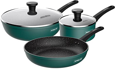 Kochgeschirr-Set, Keramik-Antihaft-Pfannen- und Topf-Set, 3-teilig, Suppentopf, Bratpfanne, Kasserolle, Kasserolle, Sauteuse, Glasdeckel | Induktion (Color : Green, Size : 3 piece set)