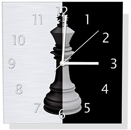 Wallario Design Wanduhr Schachfigur schwarz-weiß aus Aluverbund, Alu-Uhr Größe 30 x 30 cm, weiße Zeiger mit Metalloptik