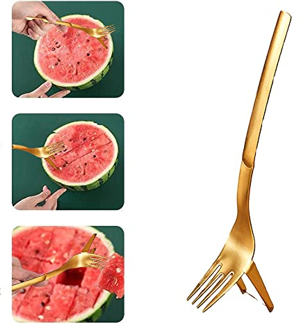 2 in 1 Watermelon Cutter - Stainless Steel Melon Cutter, Watermelon Slicer and Fruit Fork Tool for Family Kitchen Indoor & Outdoor Gadget (Gold - 1pcs)