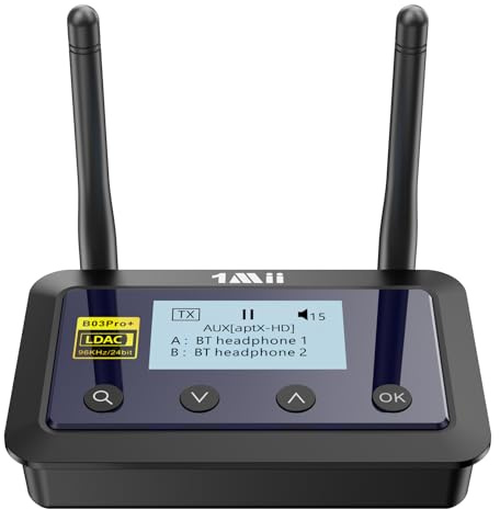 1Mii B03Pro+ HiFi Bluetooth 5.3 Sender & Empfänger mit OLED Display – LDAC & aptX HD/Low Latency Audio Adapter für TV & Stereoanlage, Optischer/RCA/AUX 3,5 mm Anschluss, Große Reichweite
