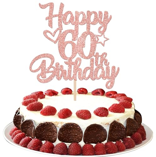 SYKYCTCY 1 Pack Happy 60th Birthday Cake Topper Glitter Heart Star 60 Fabulous Cake Pick Birthday Sign Cake Decorations for 60th Birthday Theme Party Supplies Rosegold