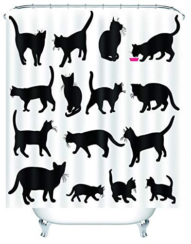 EHOMERY Duschvorhang Nach Maß Duschrollo Schnelltrocknend Katzen Polyester Schwarz-Weiss Rostfreie Ösen Und 12 Hakenringe, 180X200Cm