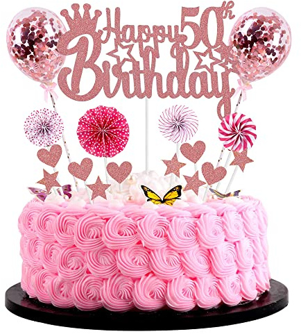 Jrzyhi Happy 50th Birthday Cake Topper - Rose Gold Glitter for 50 Year Old Woman