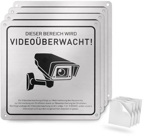 JIZZU 4 Stück Schild Videoüberwachung, 15 x 15 cm Aluminium Achtung Schild Warnschild Selbstklebend Privatgrundstück mit DSGVO Hinweis für den Innen- und Außeneinsatz