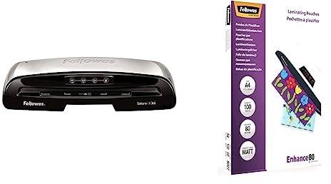 Fellowes Laminiergerät Saturn 3i A4 für Laminierfolien 80-125 Mikron & 5452101 Matte Laminierfolien Enhance 80 Mikron, DIN A4 (100er Pack), Transparent, 5452103