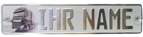 LKW Truck Fahrerschild Schild Namensschild mit Ihr FOTO + Name oder Text Funschild Fun Schild Wunschtext AUTO Trucker Car Silber, Geburtstag Geschenk
