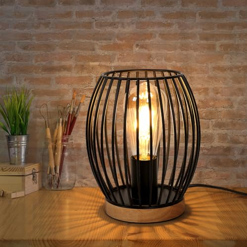 Comely Lámpara de Mesita de Noche, Negro Lámpara de Mesa E27 de Metal Estilo Jaula con Interruptor, Luz de Noche con Iluminación Decorativa para Salón, Dormitorio, Máx 60 W