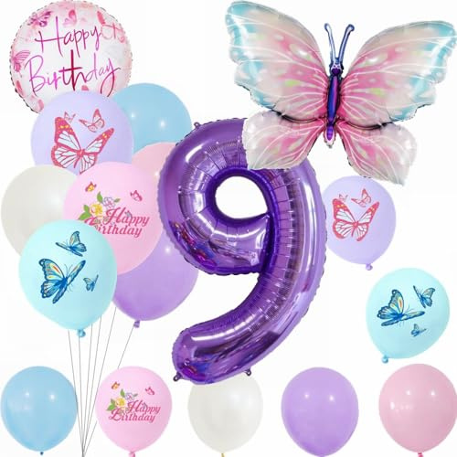Yunchu Online 9. Decoración de cumpleaños para niña, diseño de mariposa, color lila, 9 mariposas, juego de fiesta de cumpleaños infantil, decoración para niñas, cumpleaños, mariposas, fiesta