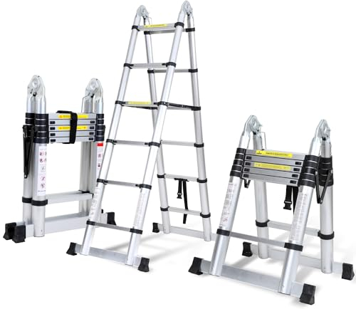 Ikodm 3,8 m (1,9 + 1,9), scala telescopica pieghevole in alluminio, scala multiuso, portatile, portata massima 150 kg/330 libbre, antiscivolo, argento