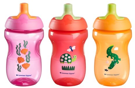 Tommee Tippee Sportee Bottle, Sippy Cup for Toddlers, 12 Months+, 10oz, Spill-Proof, Bite Resistant Spout, Easy to Hold Design, Pack of 3, Purple, Red and Orange