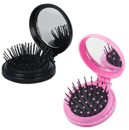 2 spazzole per capelli pieghevoli, spazzola per capelli tonda con specchio, spazzola per capelli da viaggio portatile, mini pennello da trucco per ragazze, adatto per viaggi e serate (rosa + nero)