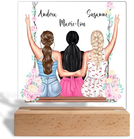 Besties Geschenk: Acrylglas-Aufsteller „Freundinnen auf Blumenschaukel“ – personalisiert mit Namen & Aussehen - best friends bff Freundschaftsgeschenk - 15x18 cm, inkl. Holzständer (3 Freundinnen)
