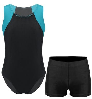 Kaerm Kinder Junge Turnanzug Ärmellos Ballettanzug Mit Shorts Gymnastik Trainingsanzug Farbblock Patchwork Trikotanzug Dancewear Blau Grün & Schwarz 158-164