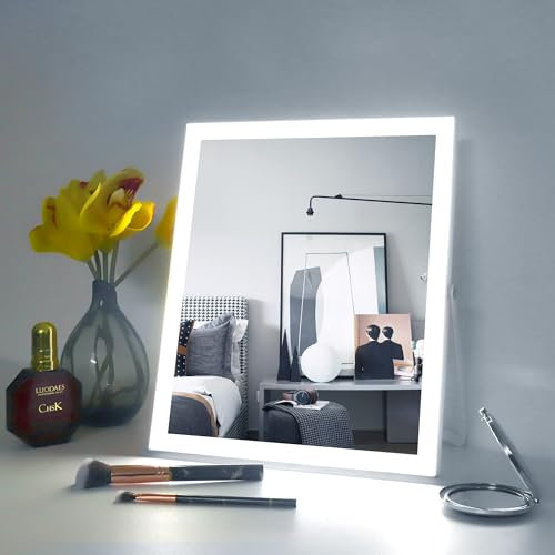 Haniyoo Make Up Spiegel Mit Beleuchtung Mit 3 Farbe Licht Umwandlung,30 x 25cm Touch-Steuerung 360° drehbarer Schminktischspiegel mit Einstellbarer Helligkeit,Tischspiegel Mit Beleuchtung,Weiß