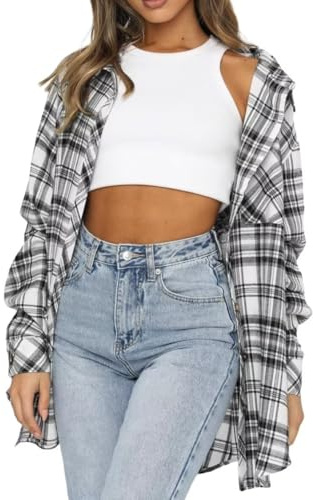 LACOZY Chemisier femme en flanelle à carreaux à manches longues avec col à boutons - Hauts amples à motif buffalo plaid, blanc, M