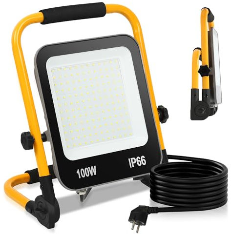 Fiqops LED Baustrahler 100W 8000LM,Baustrahler LED mit stativ und 3m Kabel,LED Arbeitsleuchte mit Stecker,IP66 Wasserdichter Arbeitsscheinwerfer für Garage Werkstatt Baustelle,Kaltweiß