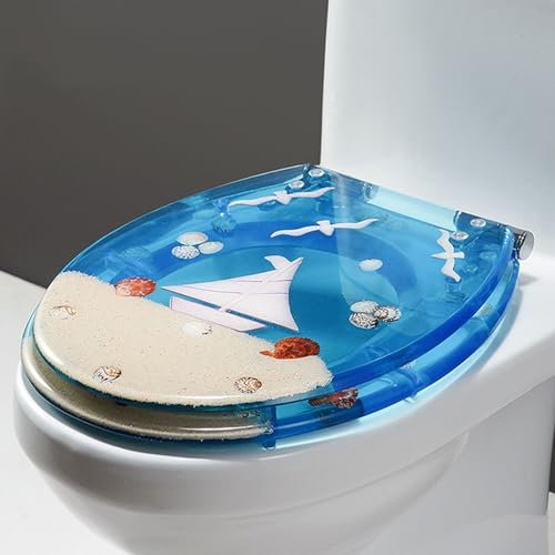 A,WC Sitz mit Absenkautomatik, 3D Ozeanserie, Echte Muscheln und Kies, Einfach zu Montieren und zu Reinigen, Edelstahl Scharnieren, Quick-Release-Funktion, Toilettendeckel aus Harz, Runden