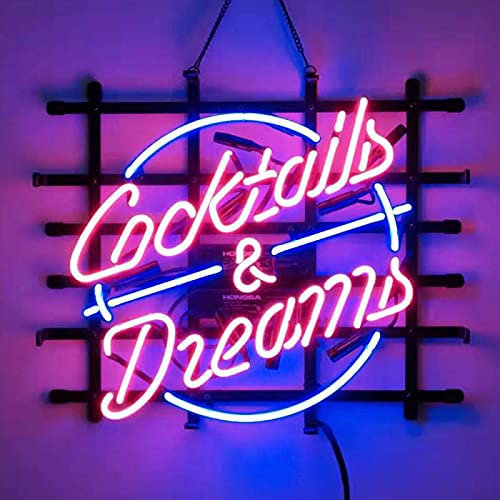 LVSEWOA Panneau Lumineux au néon Cocktails and Dreams Beer, Fait à la Main, Tube en Verre véritable, pour Bar à bière, pub, fête, vitrine, Maison, Chambre, Garage, décoration, 19 x 15 Pouces