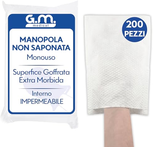 G.M. DISTRIBUZIONE 200 Manopole non Saponate Goffrate Usa e Getta Impermeabili, Per la Detersione e l’igiene di Pazienti Anziani ed Allettati, Guanto Monouso Lavapaziente, Interno Impermeabile