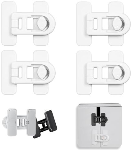 4 Stück Schrank und Schubladensicherung Baby,Kindersicherung Schrank,Baby Sicherheit Kühlschrank Schloss,No Drilling-für Schränke und Schubladen, Kühlschrank, Tür, Schrankschloss-Stark Klebend(Weiß)