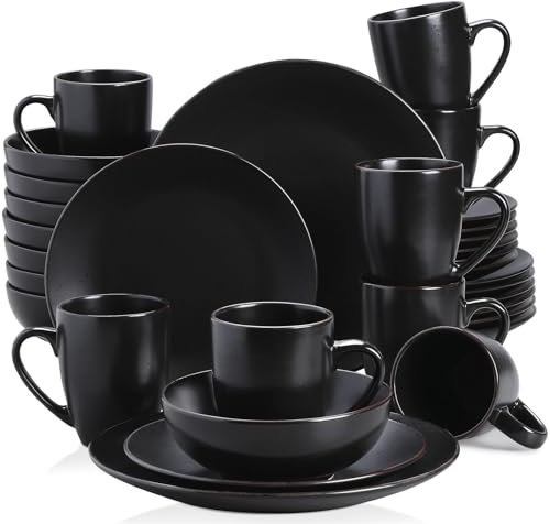 WLIHDB Dinner Sets 16/32/48 Piece Pottery Dinner Set Black Stoneware Tableware Set With Dinner Plate,Dessert Plate,Bowls,Cups For Dinner(32-PIECE)