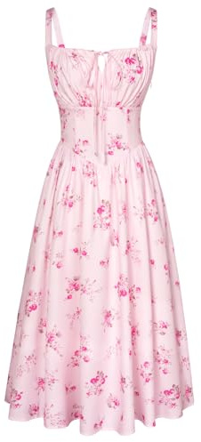 SCARLET DARKNESS Women Summer Dresses Casual Floral Beach Sundress A-Line Sleeveless Spaghetti Strap Victorian Milkmaid Corset Dress Rose Pink M