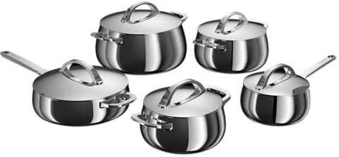 BergHOFF Home Set de casseroles en acier inoxydable – 10 pièces – Set de casseroles avec couvercles – adapté à l’induction, plaque en céramique, gaz & plaque électrique