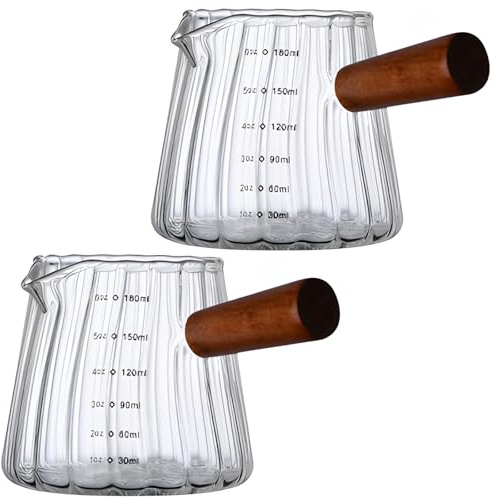 Juego de 2 vasos de chupito de café expreso, jarras de vidrio resistentes al calor de 180 ml con triple boquilla y asas de madera, ideales para preparar café y camareros