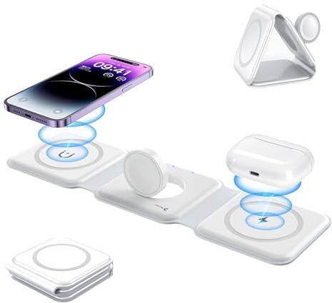 Reagle Vikbar induktiv trådlös laddare 3-i-1, 15 W laddningsstation för telefon, hörlurar, smartwatch Samsung S25 Travel Charging Station för Apple Watch, Qi-standard