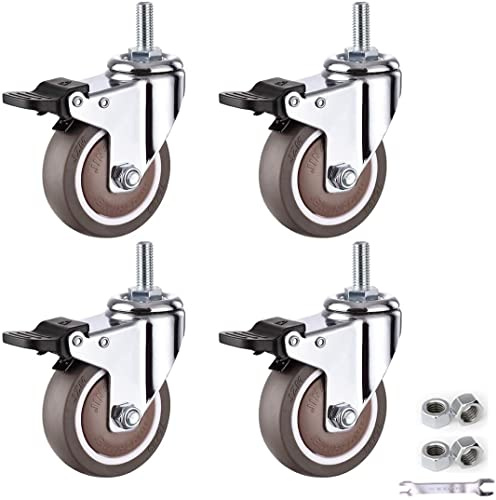 Rollen ersetzen, Lenkrollen für Möbel, Rolle mit Gewindestift M10 x 25 mm, bewegliche Rollen, kleine Rollen, Trolley-Räder mit TPE-Gummi, Hochleistungsrollen, 4 Stück (Bremse 63 mm)