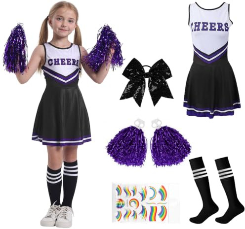 Cheerleader Kostüm Kinder, Kostüm Cheerleader Mädchen, Faschingskostüm Cheerleading Outfit Kinder mit Socken & Pompoms & Bogen & Tattoos für Fasching, Karneval, Halloween(110-150cm)