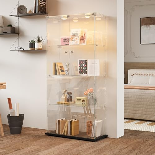 FOERPL Vitrinskåp av glas med LED-belysning, samlarvitrinskåp på foten, vitrinskåp med 4 nivåer, med låsbar dörr, för vardagsrum/kontor/lekrum, 78,5 x 35 x 163 cm