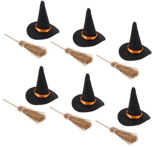MAGICLULU Kleiner Hexenhüte Und Besen Leichte Filz Hexen Deko Schwarz 24 Stück (12 Hüte 12 Handgewebte Besen) Für Halloween Tischdeko Selbstgemacht Basteln Party Und Bürodekoration